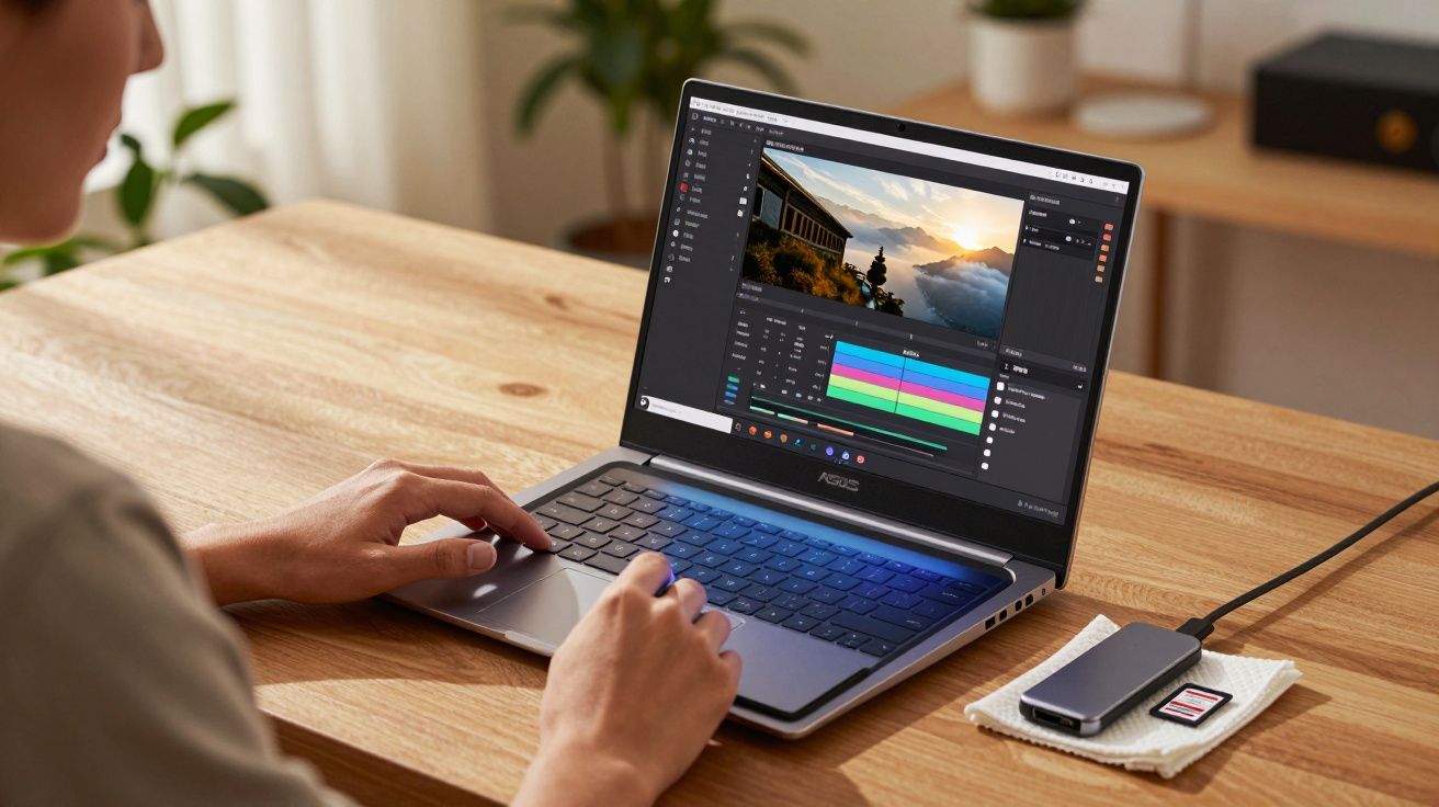 Pessoa a usar portátil ASUS em mesa de madeira, com trabalho de edição de vídeo no ecrã e disco externo ao lado.