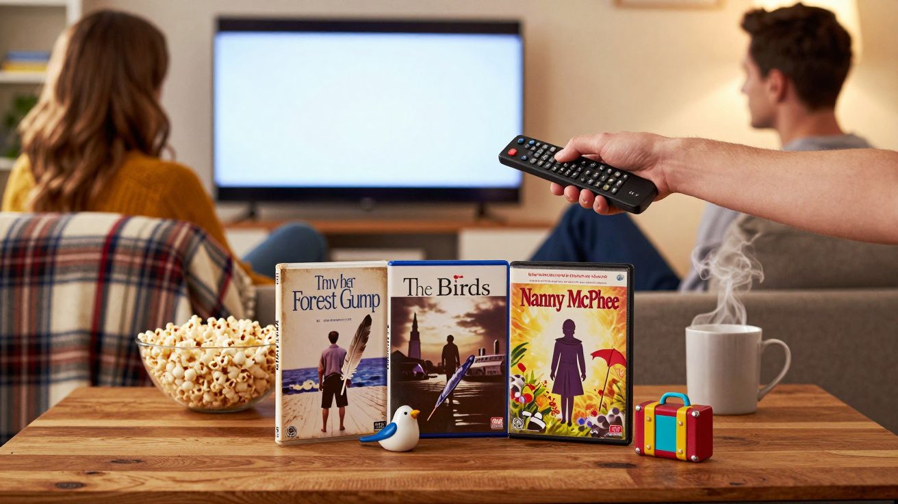 Casal num sofá a ver televisão. Na mesa, três DVDs, pipocas, caneca e mão com comando remoto.