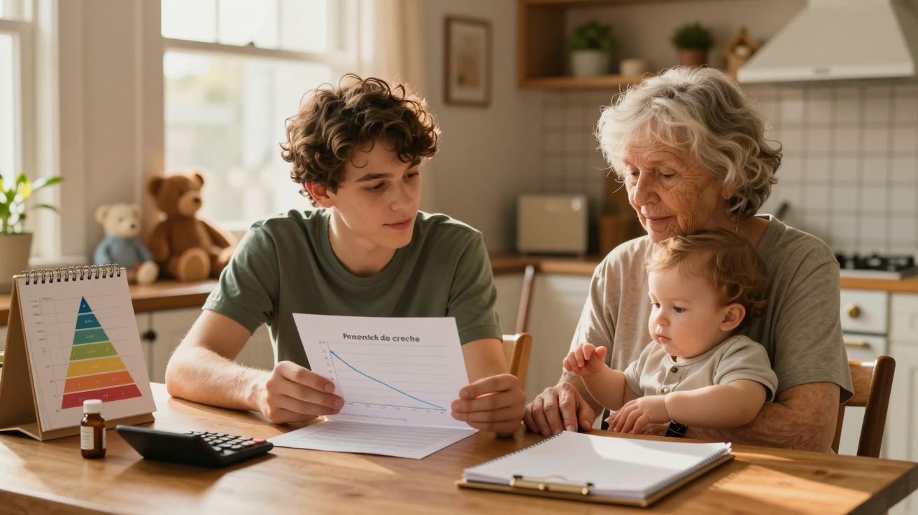 Jovem e avó com bebé analisam gráfico na cozinha. Mesa com papel, calculadora e pirâmide colorida de alimentos.