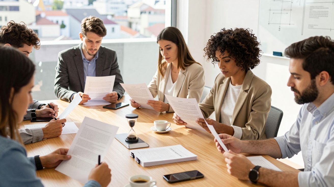 Pessoas em reunião de negócios, sentadas em volta de uma mesa, analisando documentos.