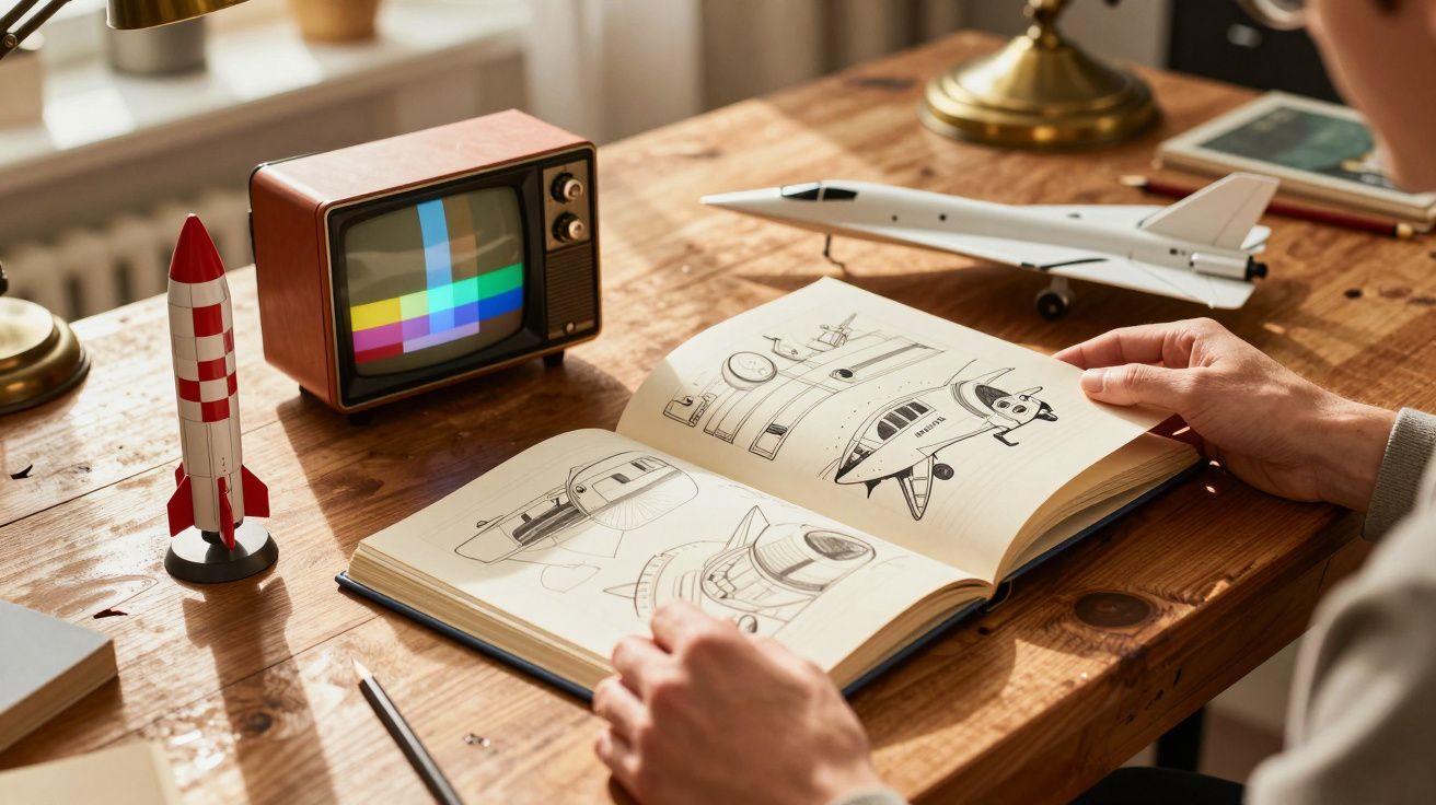Pessoa folheia livro de esboços de naves espaciais numa secretária com uma mini TV retro e miniaturas de um foguete e avião.