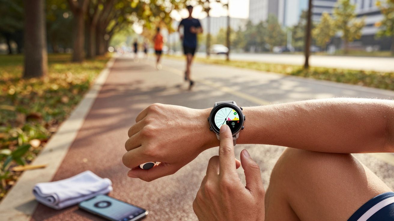 Pessoa verificando smartwatch enquanto corredores passam numa ciclovia arborizada.