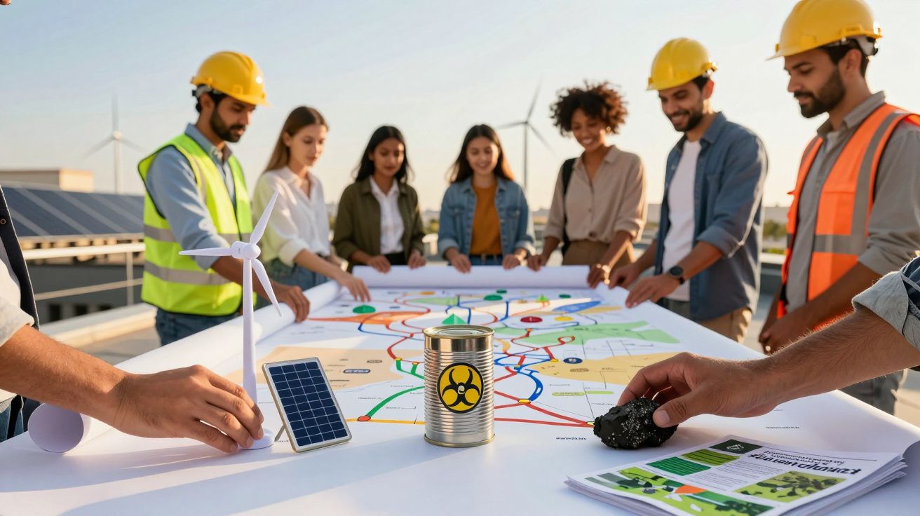 Grupo de pessoas em capacetes discute plano com mapa, energia eólica, solar e barril tóxico ao ar livre.