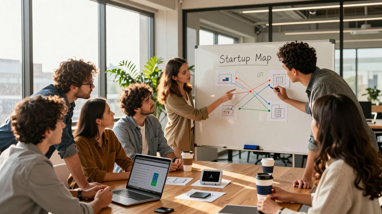 Grupo de colegas numa reunião de trabalho, analisando um quadro branco com o título "Startup Map".