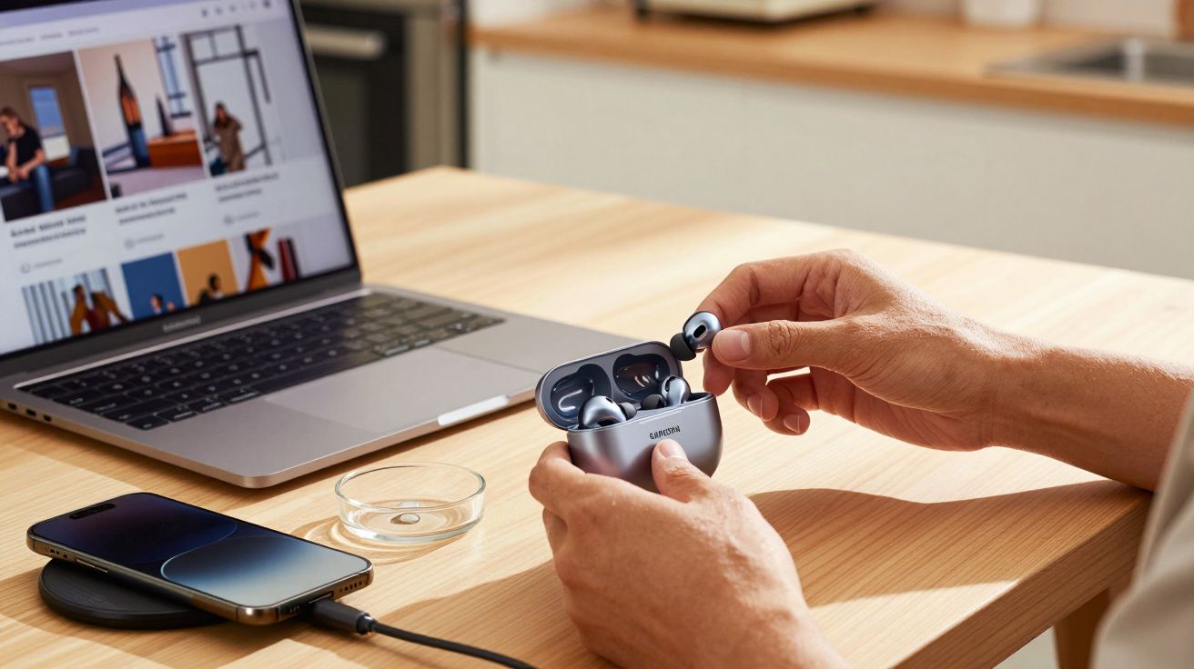 Pessoa a segurar auscultadores sem fios ao lado de um portátil e um telemóvel a carregar numa mesa de madeira.