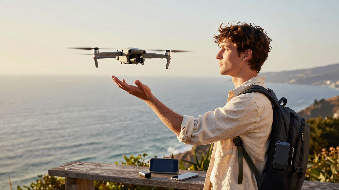 Homem com mochila controlando um drone na praia ao pôr do sol, perto de uma mesa com um telemóvel.