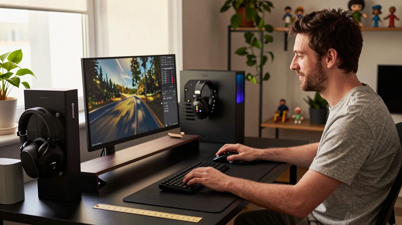 Homem a jogar simulação de corrida no computador numa secretária arrumada, com plantas e miniaturas ao fundo.