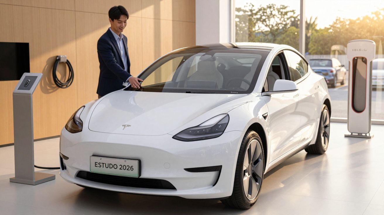 Homem ao lado de carro elétrico branco, com carregador de parede ao fundo, em showroom iluminado pelo sol poente.