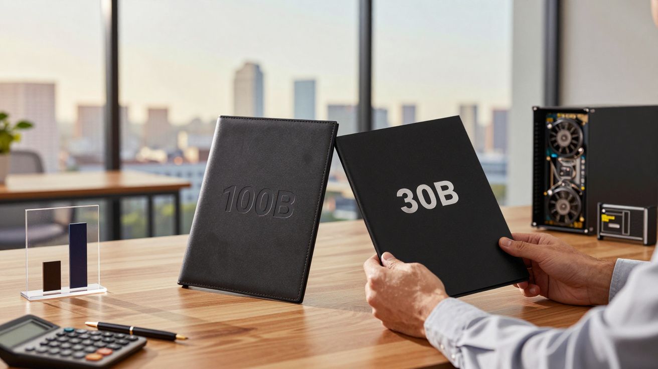 Mãos segurando capa preta com "30B", ao lado de outra com "100B" em mesa de escritório, cidade ao fundo.