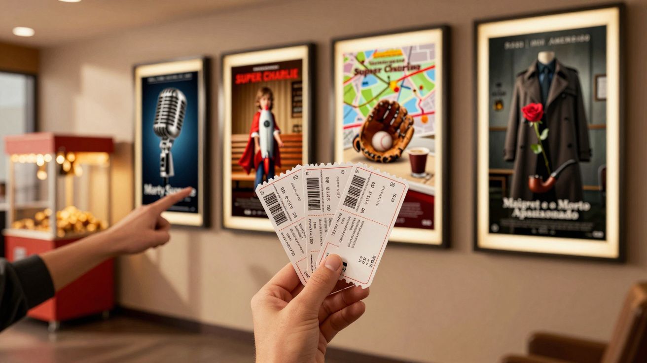 Mão segurando bilhetes de cinema em frente a cartazes de filmes; máquina de pipocas ao fundo.