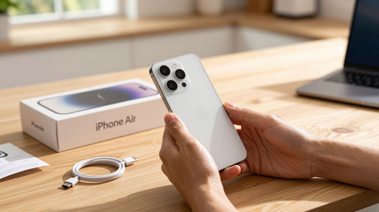Pessoa segurando um smartphone branco em frente a uma caixa de iPhone Air sobre mesa de madeira, com laptop ao fundo.