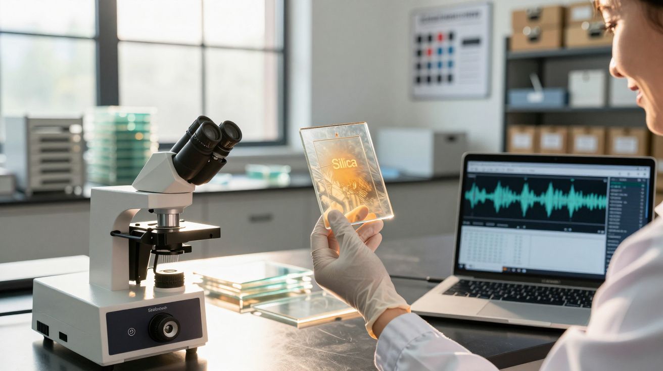 Investigador segurando vidro com "Silica" ao lado de um microscópio, com um portátil exibindo gráficos ao fundo.