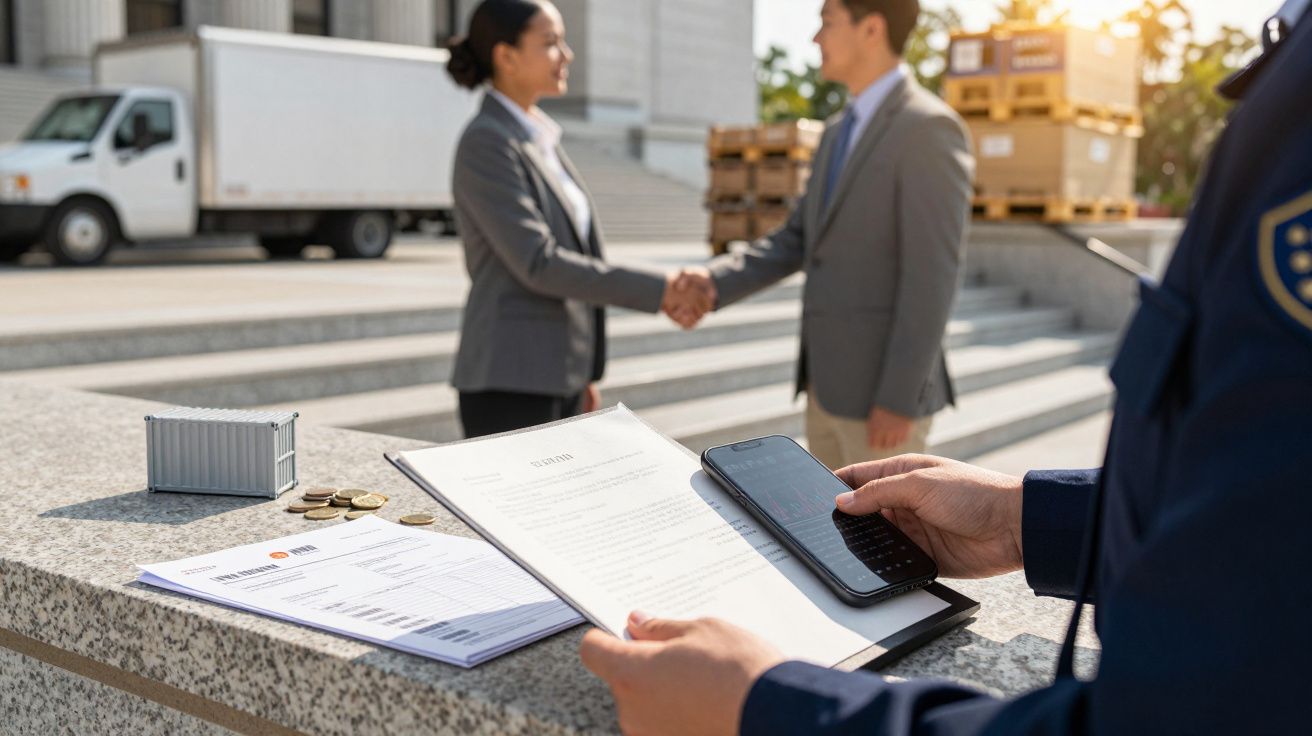 Agente verificando documentos enquanto duas pessoas apertam as mãos em frente a um edifício com caixas e um camião ao fundo.