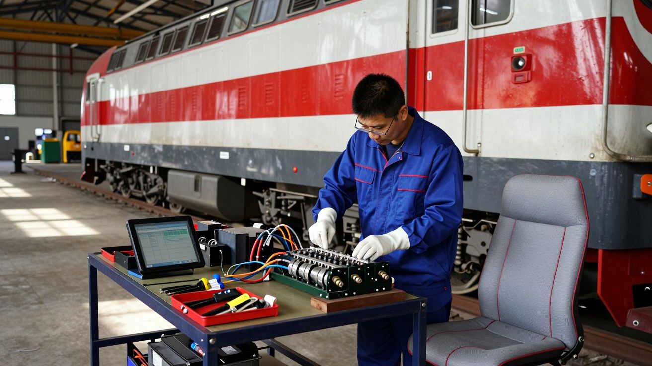 Técnico em fato azul trabalha em equipamento elétrico sobre mesa, com comboio ao fundo, em oficina de manutenção.