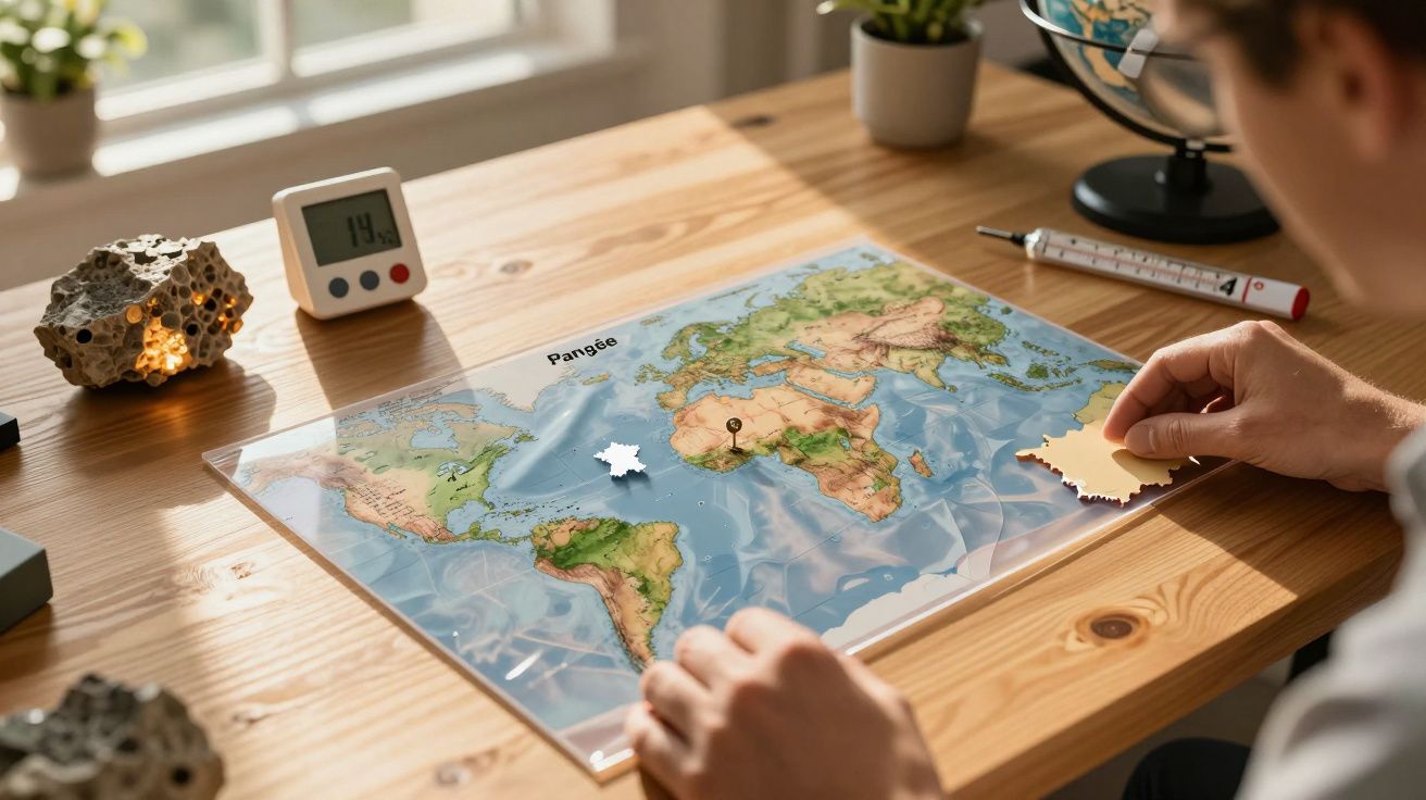 Pessoa montando um puzzle de um mapa antigo sobre uma mesa de madeira, rodeada de objetos diversos.