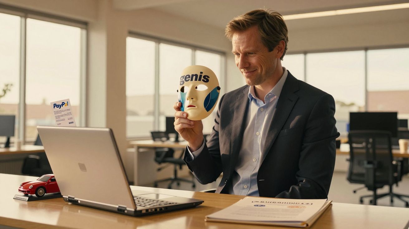 Homem sorrindo segura máscara em escritório com laptop, papel do PayPal e carro de brinquedo.