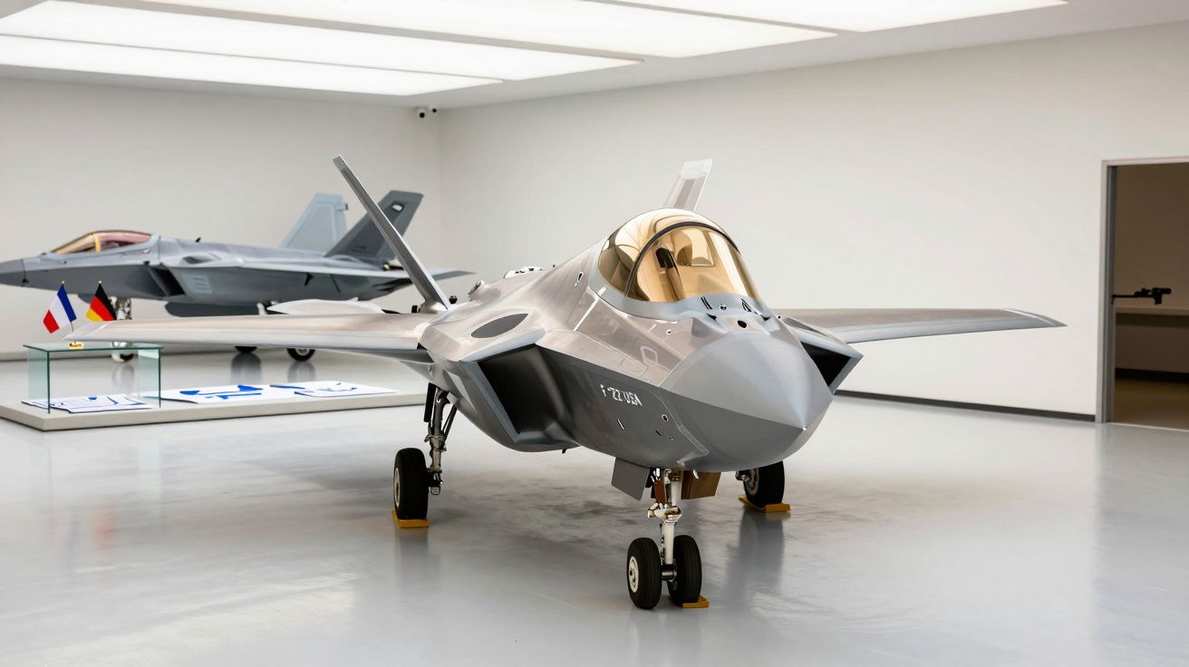 Avião militar cinzento em exposição num hangar com bandeiras no fundo.