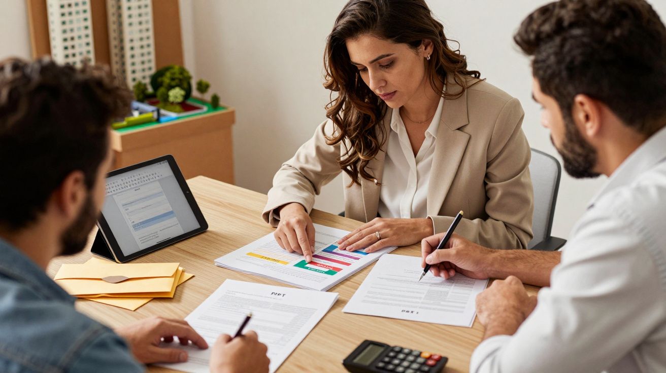 Três pessoas em reunião de negócios, analisando gráficos e documentos sobre uma mesa.