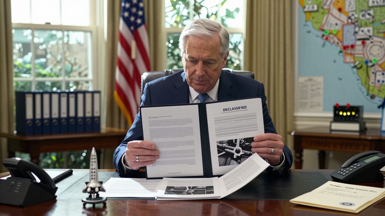 Homem de terno cinzento lê documentos na sua secretária, com bandeira dos EUA e mapas ao fundo.