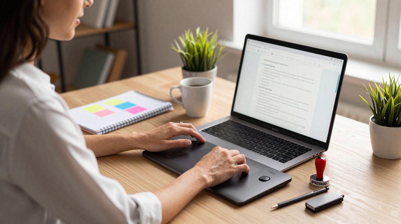 Pessoa a usar laptop numa mesa com plantas, caderno, caneca e tablet gráfico, luz natural a entrar pela janela.