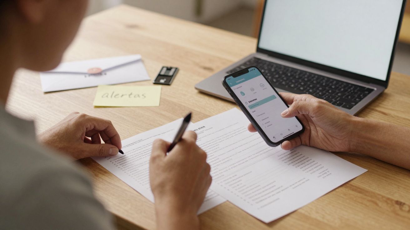Pessoa com telemóvel numa mão e caneta na outra, analisa documento em mesa com portátil e papel com "alertas".