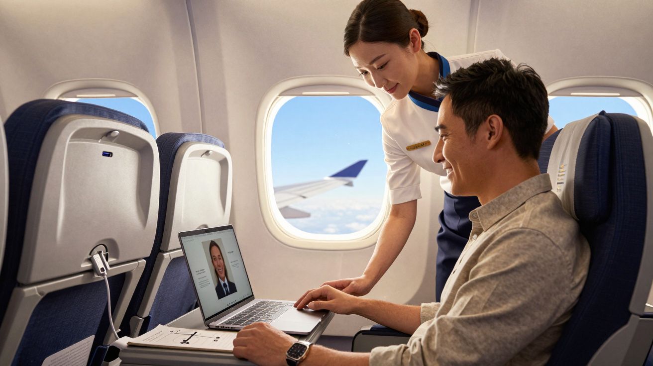Passageiro a usar portátil numa mesa de avião, enquanto assistente de bordo sorri-lhe. Janela mostra céu e asa do avião.