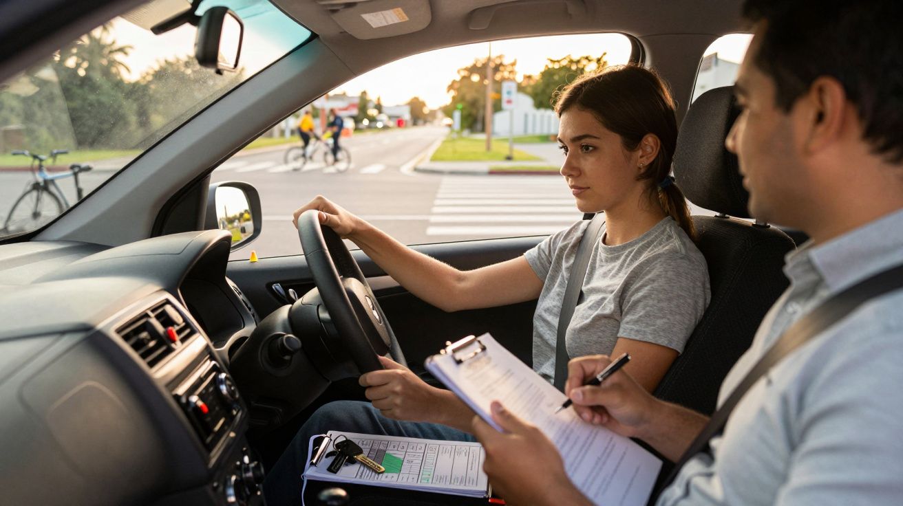 Mulher a conduzir carro durante aula de condução, com instrutor ao lado, segurando um bloco de notas.