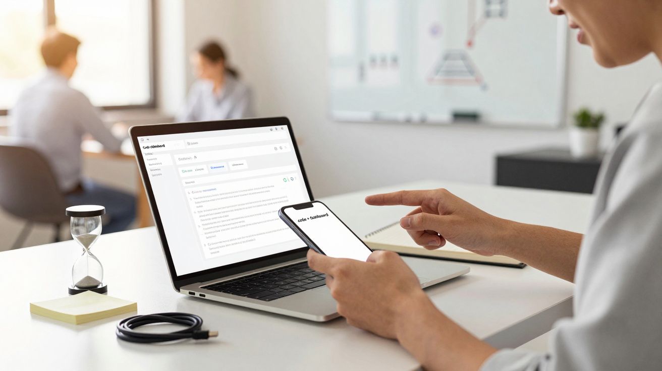 Pessoa usando smartphone e portátil numa secretária, com ampulheta e cabo USB. Duas pessoas desfocadas ao fundo.