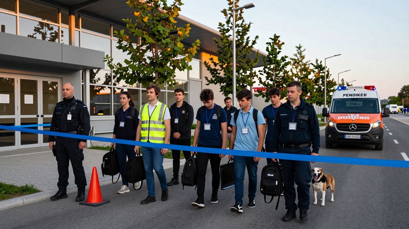 Pessoas de pé numa rua com fitas azuis, acompanhadas por um cão e uma ambulância ao fundo.