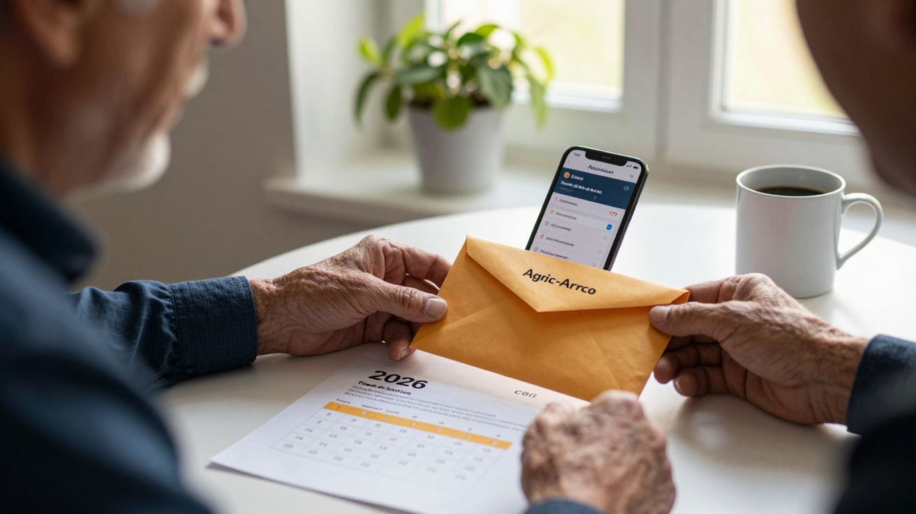 Duas pessoas segurando envelope amarelo e calendário 2026, com smartphone e chá sobre mesa branca.