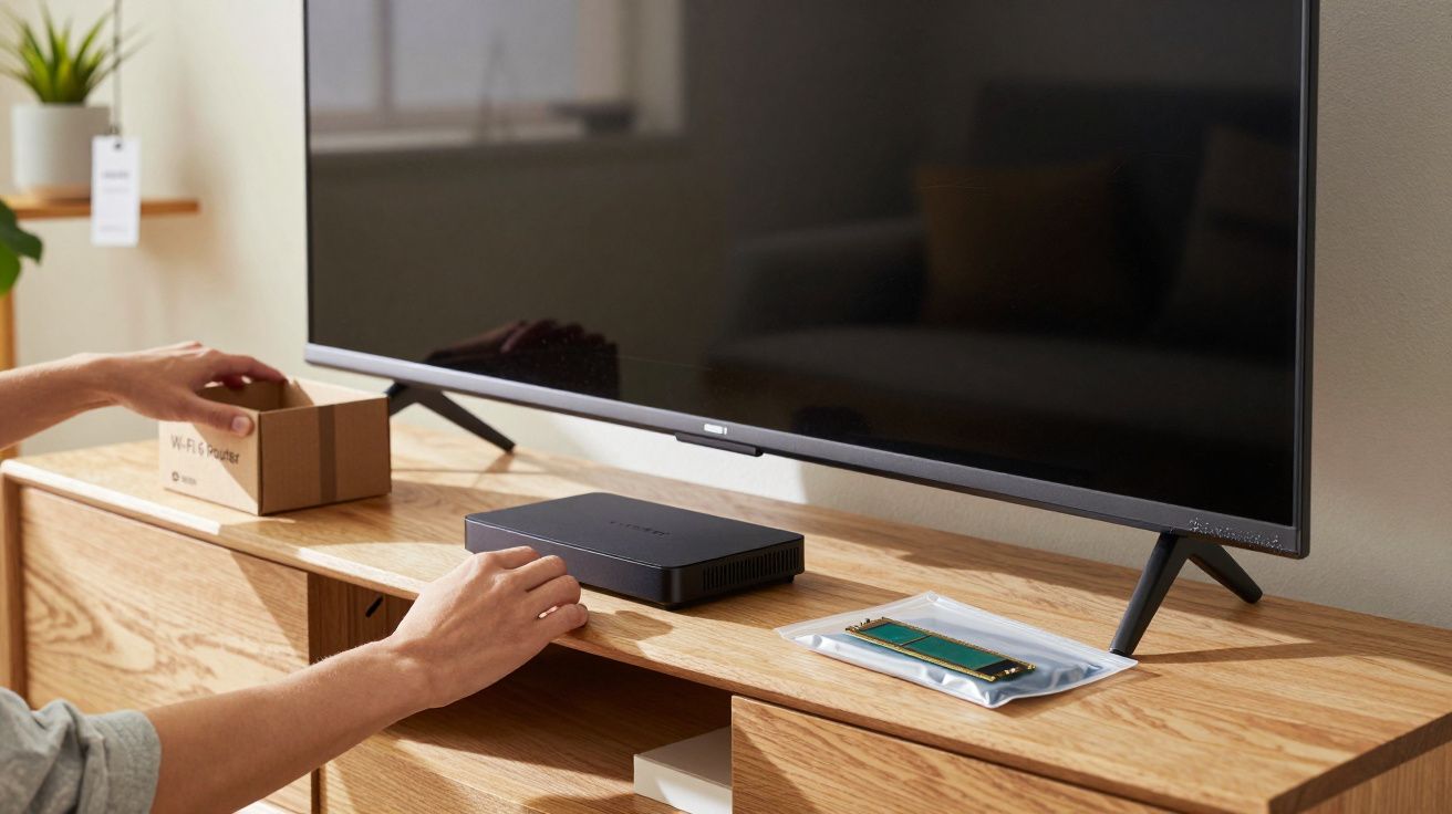 Pessoa a instalar uma caixa de internet junto a uma televisão numa sala com móveis de madeira clara.