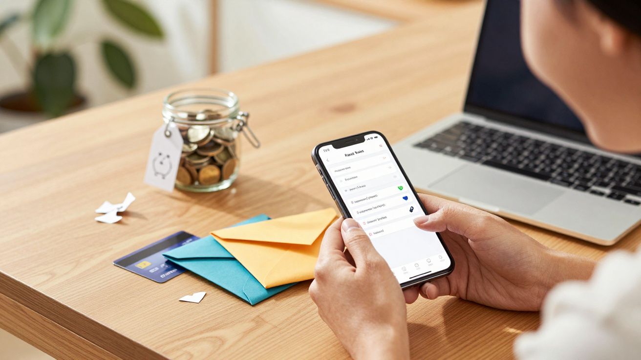 Pessoa usa smartphone com app financeiro, mesa com laptop, envelopes coloridos, cartão bancário e frasco de moedas.