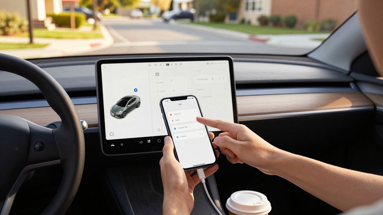Pessoa no carro usa smartphone com o painel digital exibindo informações do veículo em uma rua residencial.