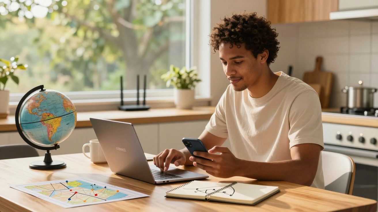 Homem usando portátil e smartphone numa cozinha, com um globo, um caderno e gráficos sobre a mesa.