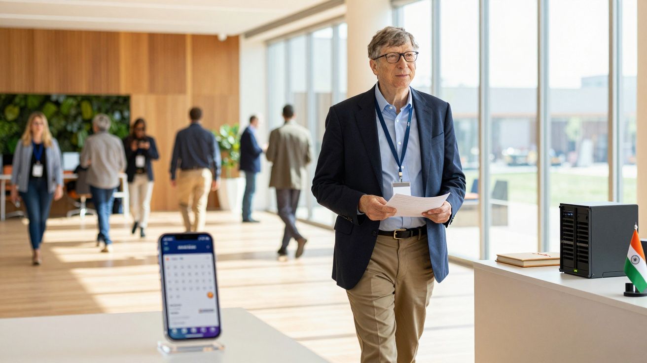 Homem de óculos e fato, com papéis, num escritório moderno com pessoas ao fundo. Mesa com telemóvel e bandeira indiana.