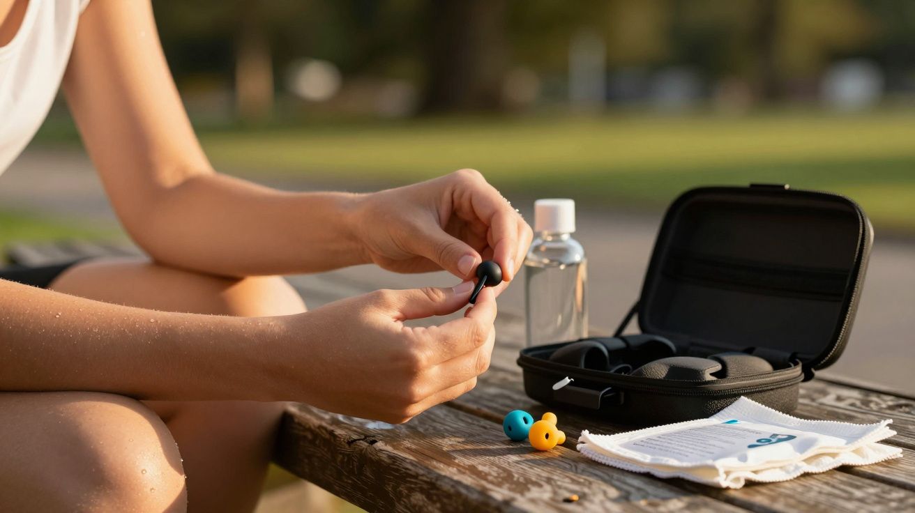 Pessoa segura um auricular sentado num banco de madeira com estojo, toalha e frascos ao lado.