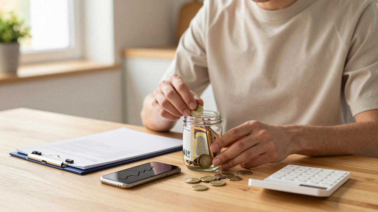 Pessoa colocando moedas num frasco, com telemóvel, calculadora e documentos na mesa de madeira.