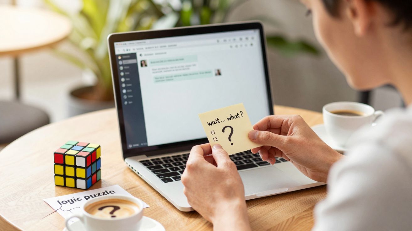 Pessoa segurando nota com ponto de interrogação, ao lado de um cubo de Rubik e portátil aberto com chat na tela.