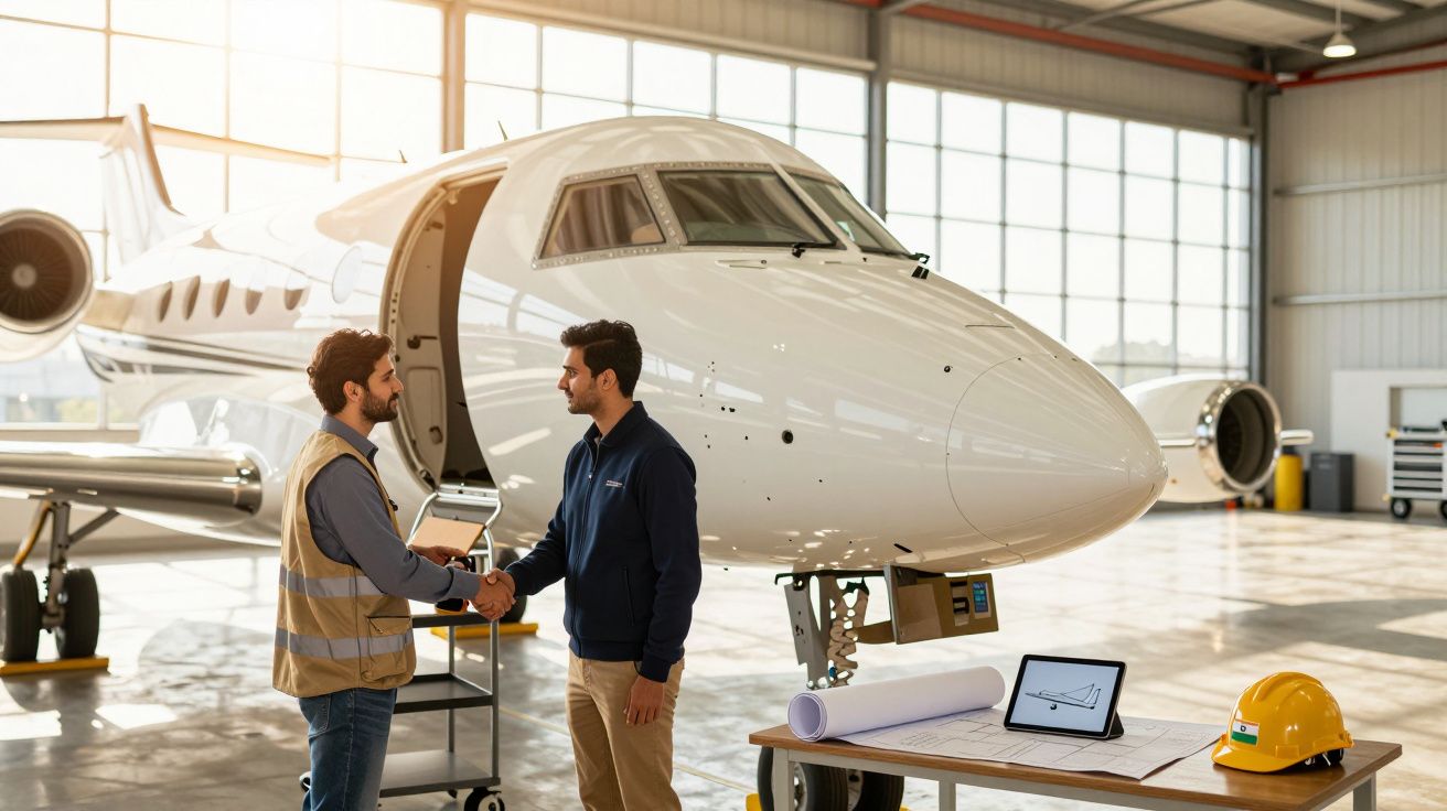 Dois homens apertam as mãos em frente a um jato particular numa oficina de manutenção, com capacete e planta em mesa.