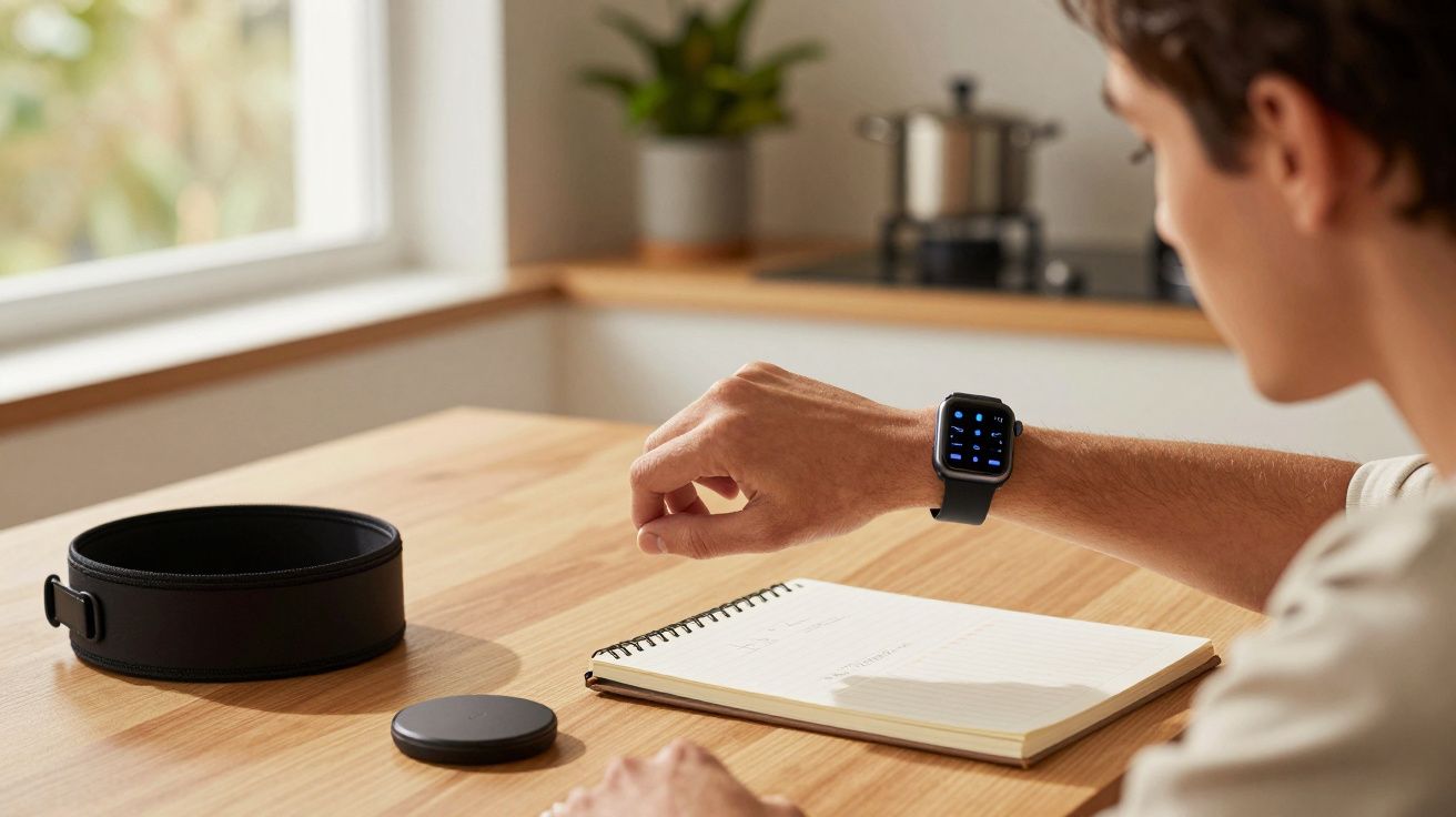 Homem a olhar para o relógio inteligente, sentado à mesa com um caderno e objetos domésticos ao fundo.