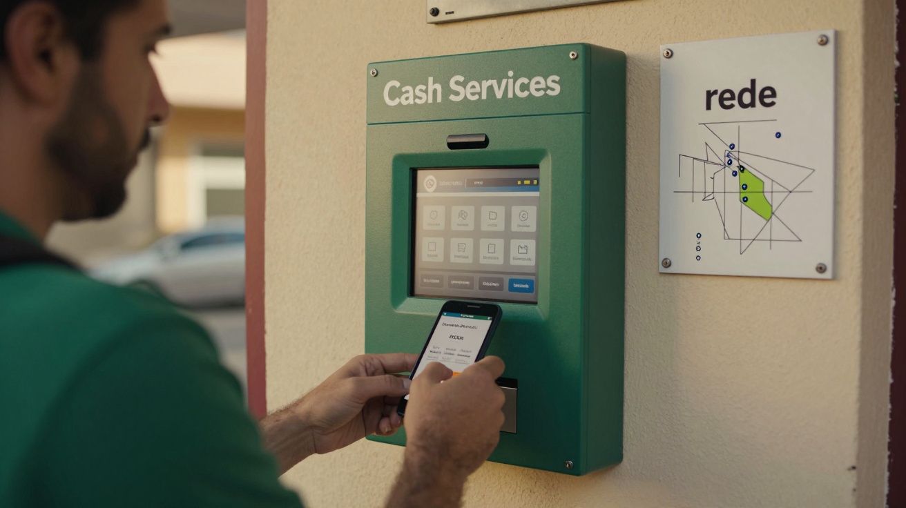 Homem usa smartphone em máquina de serviços de dinheiro verde na parede, com tabela de rede ao lado.