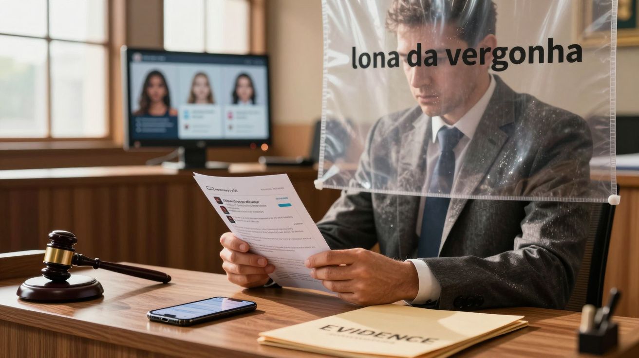 Homem em tribunal, sentado atrás de uma tela com "lona da vergonha", analisando documentos; martelo e ecrã visíveis.