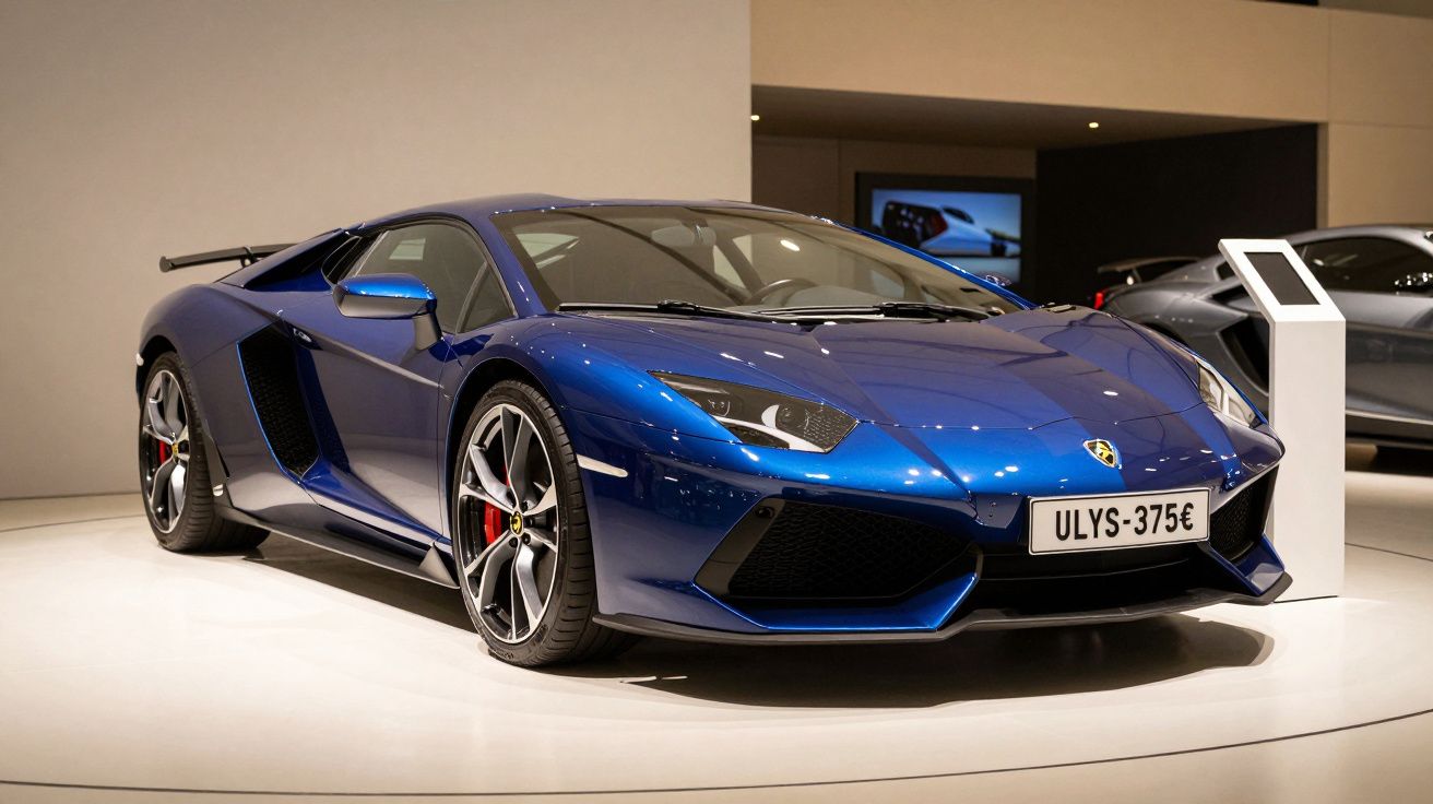 Carro desportivo azul em exposição, visto de frente num espaço interior iluminado.