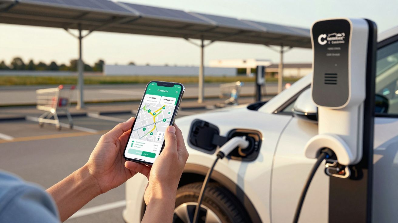 Pessoa usando smartphone junto a carro elétrico a carregar numa estação, com app de navegação aberta no ecrã.