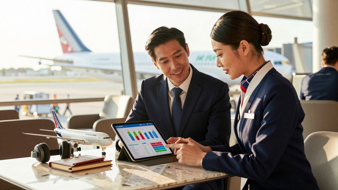Duas pessoas em uniformes discutem gráficos num tablet, sentadas junto a uma janela com aviões ao fundo.