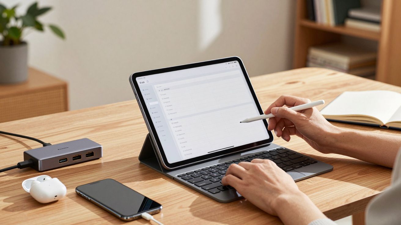 Pessoa a usar um tablet com teclado e caneta digital numa mesa de madeira, com telemóvel e auscultadores ao lado.