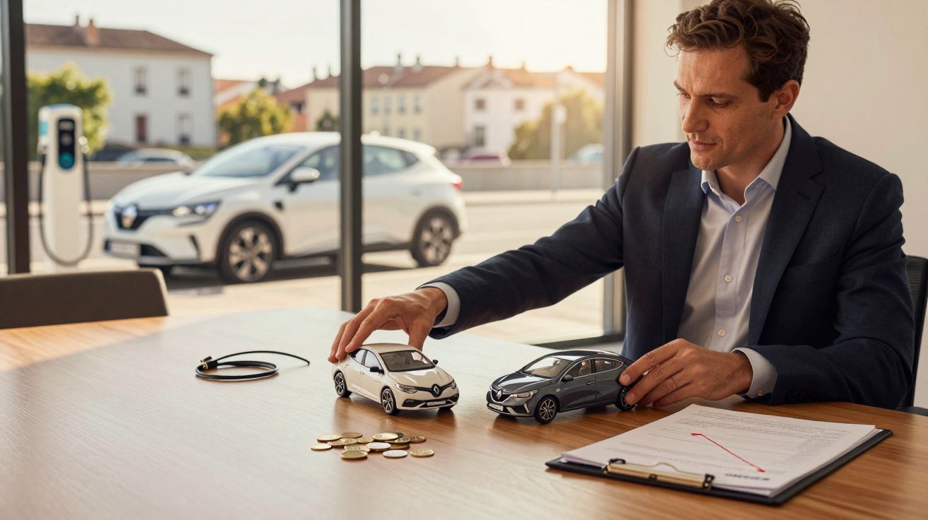 Homem sentado em mesa com miniaturas de carros, moedas e documentos, carro elétrico no exterior.