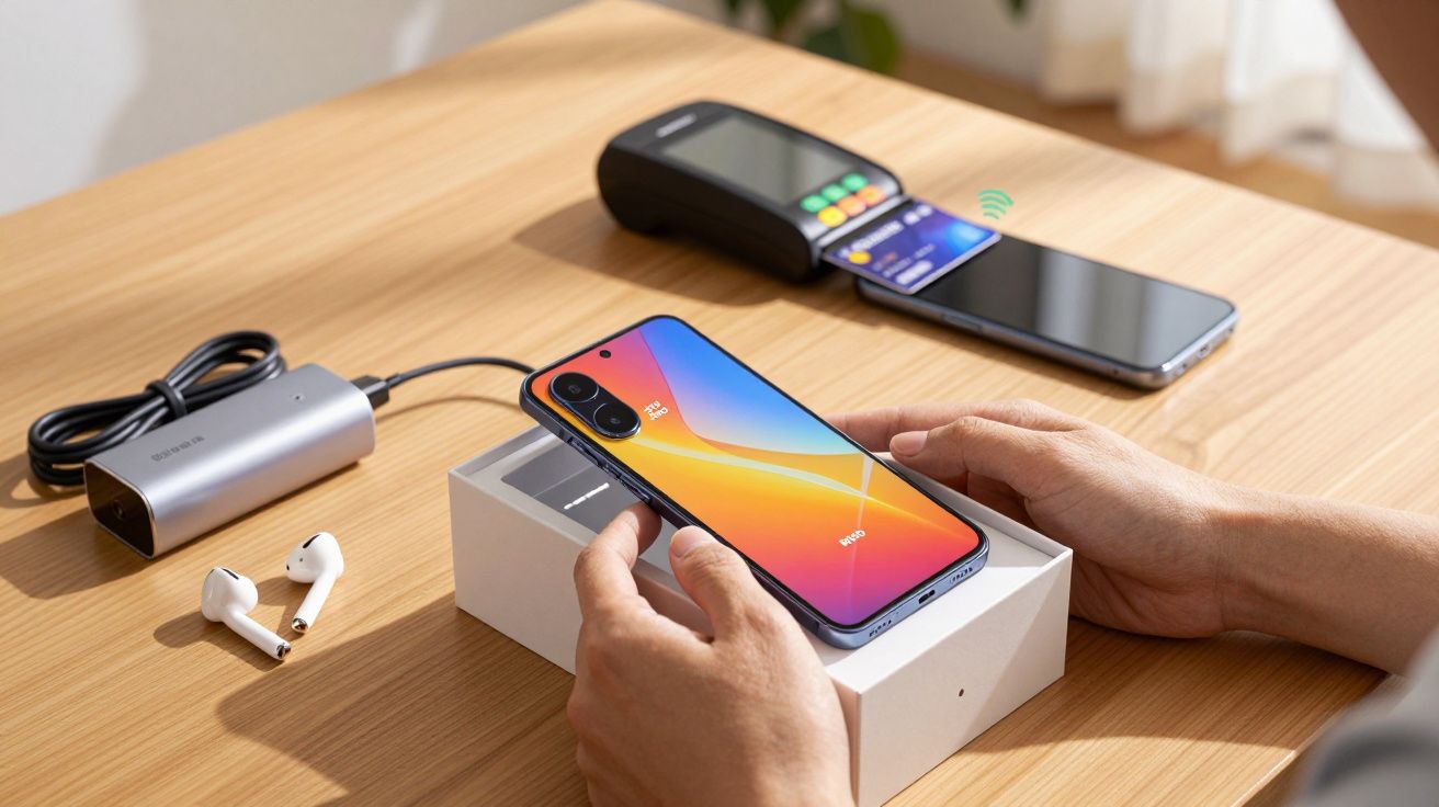 Pessoa segura smartphone colorido sobre caixa; ao lado, auriculares, carregador e terminal de pagamento sobre mesa de madeira