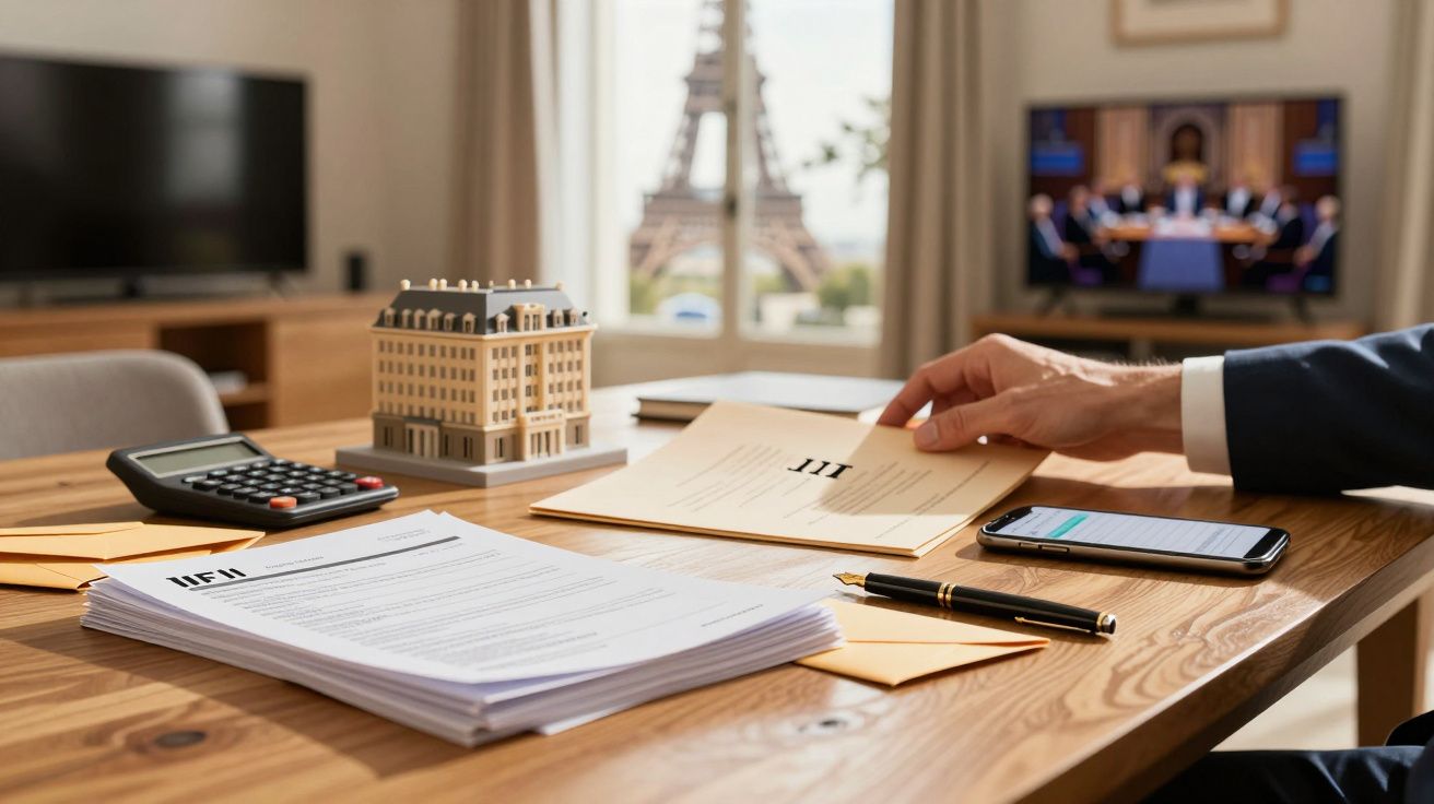 Mesa de escritório com documentos, calculadora, modelo de edifício e telemóvel. Torre Eiffel visível pela janela.