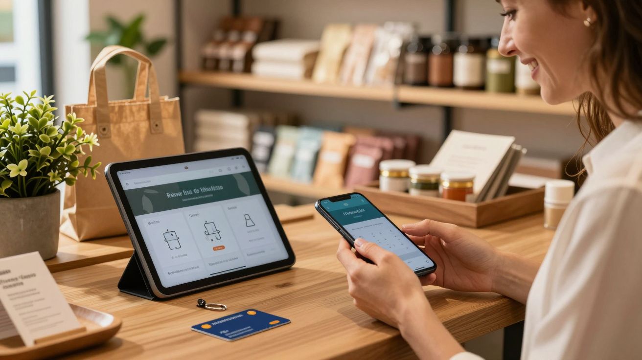 Mulher usa smartphone numa loja com tablet, produtos e planta sobre balcão.